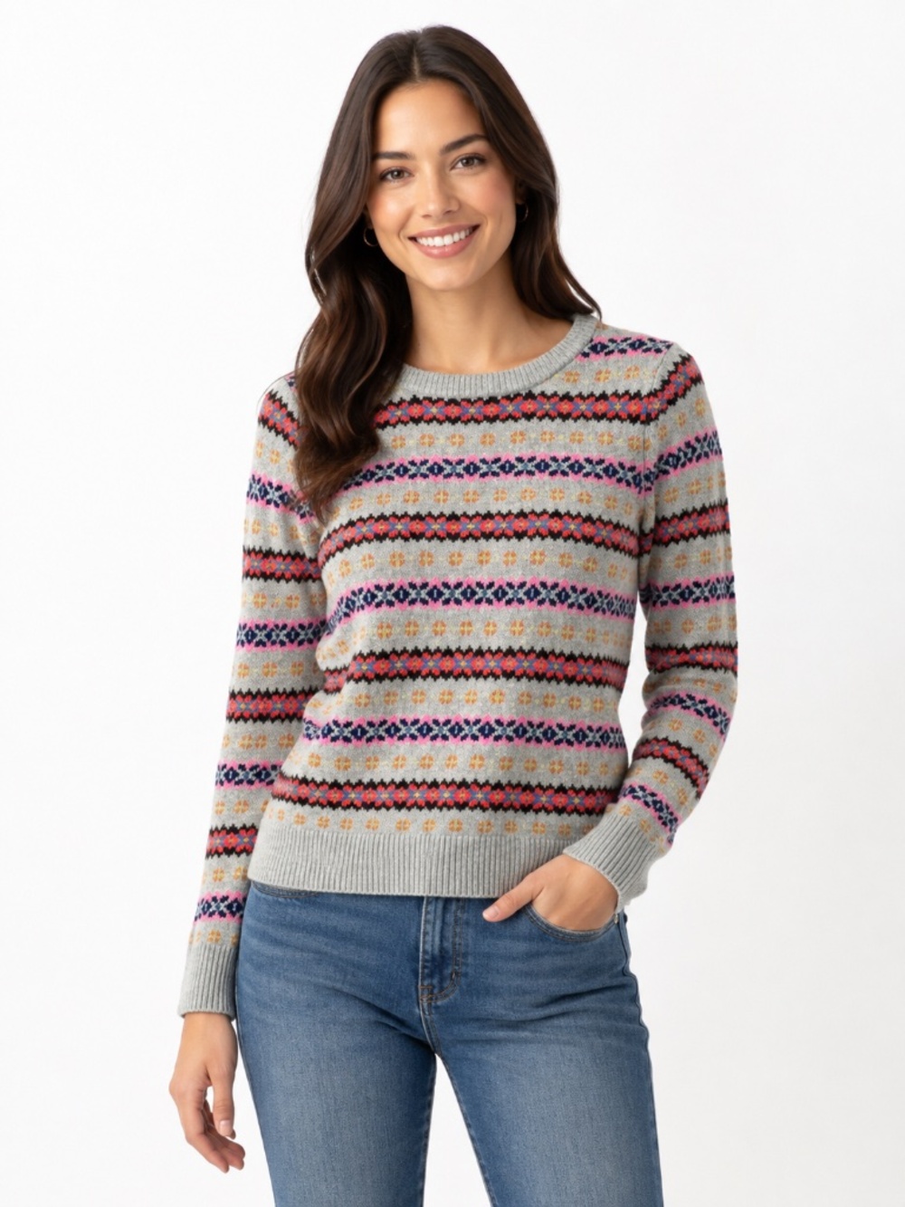 J Crew grey, multicolored Fair Isle pull over sweater.